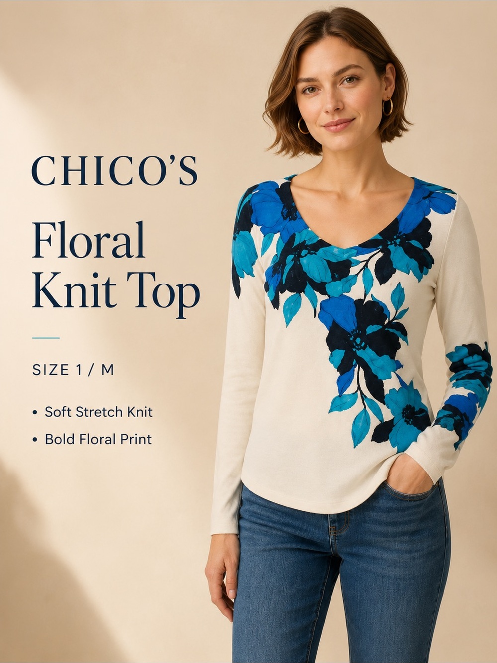 Chico’s Floral V-Neck Knit Top Blue White Size 3 XL NWT